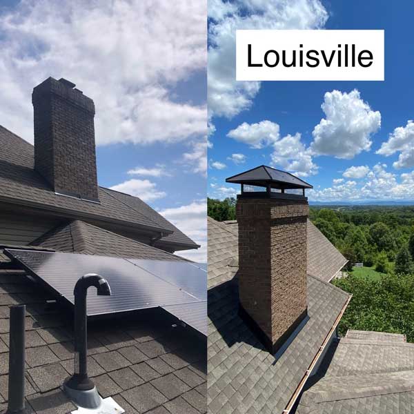 Before and after of rectangular chimney cap install with solar panels on roof and beautiful clouds
