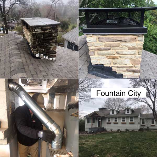 Chimney cap and venting system install and a picture of house.