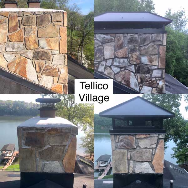 Before and after pictures of chimney cap installations in Tellico Plains with stone chimneys one rectangle and one round cap