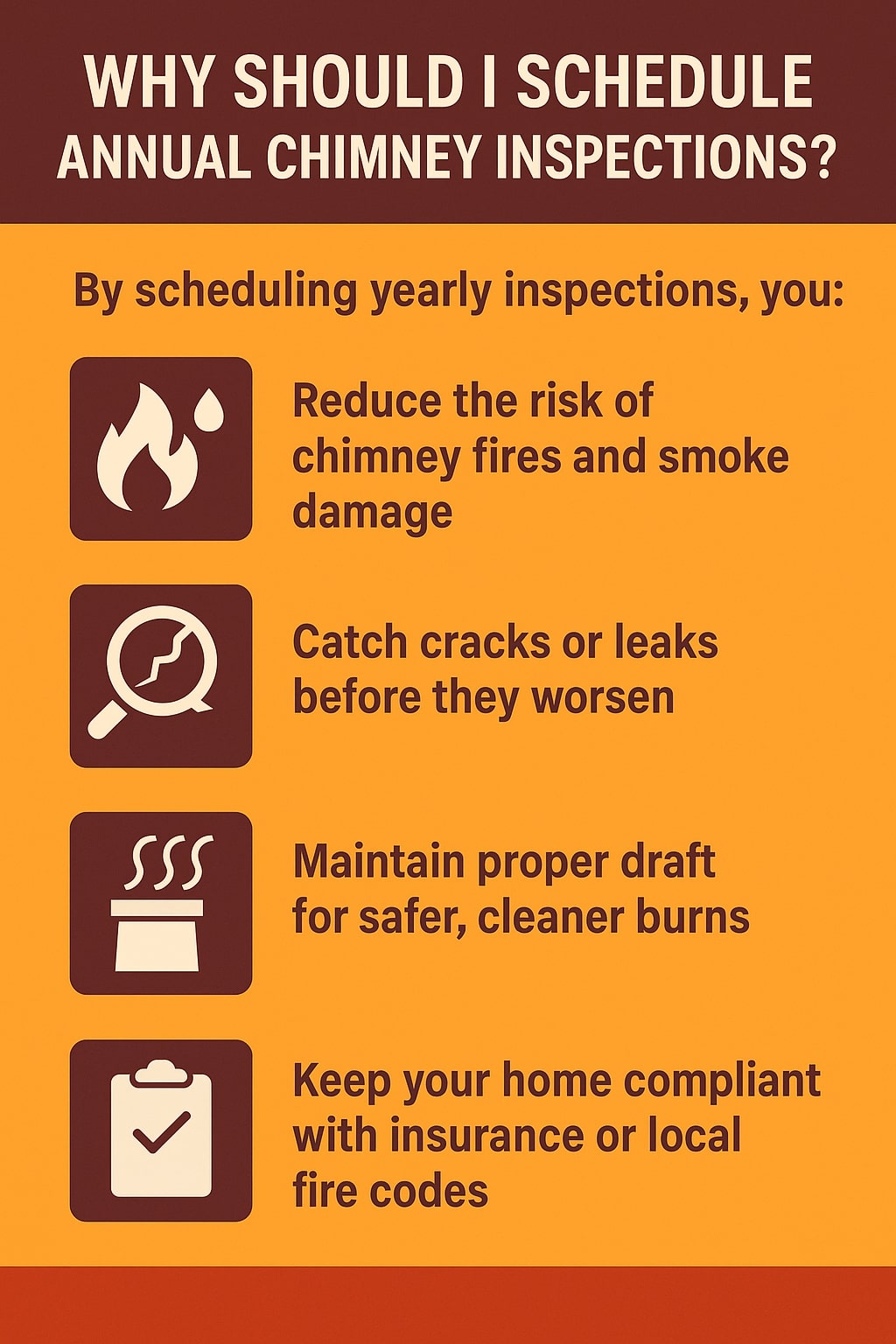 original infographic with a warm color palette of burnt orange, deep red-brown, and white. The title at the top reads “Why Should I Schedule Annual Chimney Inspections?” in bold white text on a dark brown background. Below, an orange section with dark brown text lists four benefits of yearly inspections, each paired with a matching brown square icon: a flame symbol for reducing chimney fire risk, a magnifying glass for catching cracks or leaks, a chimney emitting smoke for maintaining proper draft, and a clipboard with a checkmark for keeping homes compliant with insurance or local fire codes. The layout is clean and vertically aligned with clear spacing between sections.<br />
