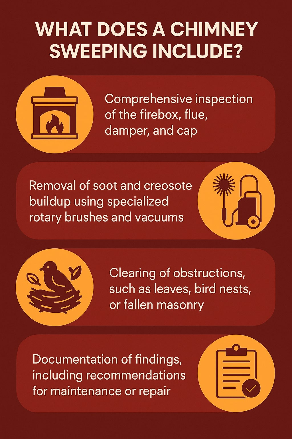 Original infographic with a dark red background and orange accent colors titled “What Does a Chimney Sweeping Include?” in bold white text at the top. Four sections are displayed horizontally, each with rounded red rectangles containing white text and yellow-orange circular icons. The first section has a fireplace icon and says “Comprehensive inspection of the firebox, flue, damper, and cap.” The second shows a vacuum and rotary brush icon with the text “Removal of soot and creosote buildup using specialized rotary brushes and vacuums.” The third features a bird in a nest with leaves and reads “Clearing of obstructions, such as leaves, bird nests, or fallen masonry.” The last section includes a clipboard with a checkmark icon and says “Documentation of findings, including recommendations for maintenance or repair.” The layout is balanced and clean, with contrasting warm colors for readability.