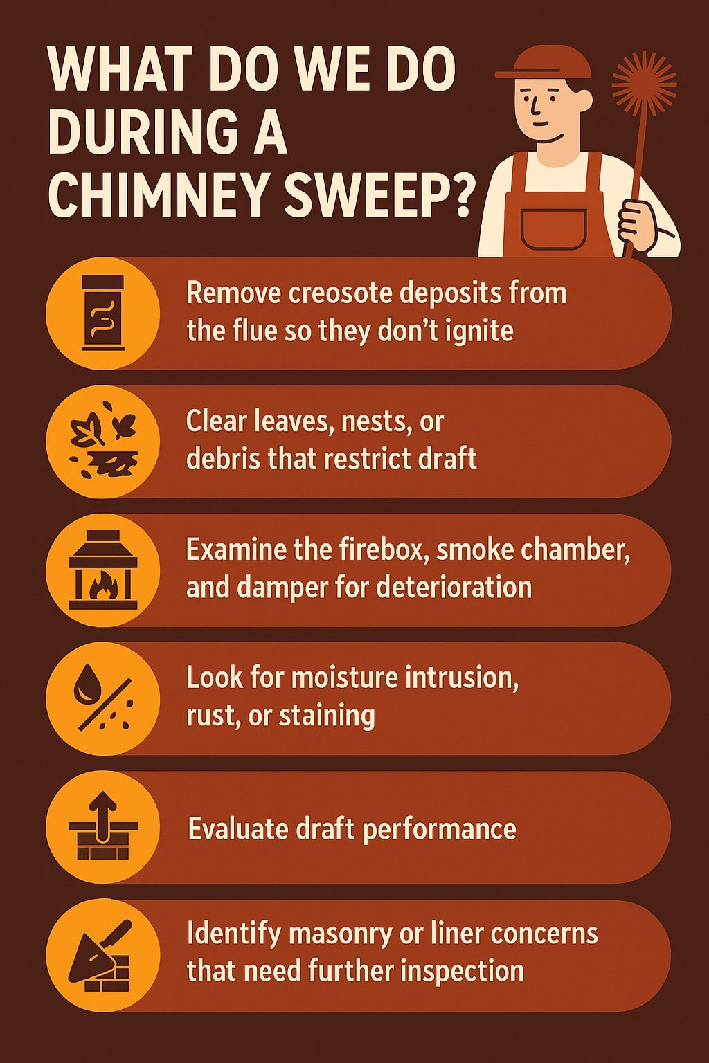 original infographic showing a warm brown, orange, and cream color palette with a heading at the top reading “WHAT DO WE DO DURING A CHIMNEY SWEEP?” in large cream-colored text, accompanied on the right by a simple cartoon illustration of a chimney sweep wearing an orange cap and overalls while holding a round-bristle chimney brush; below the title are six rounded orange-brown rectangles, each paired with a circular yellow icon on the left—first a creosote jar symbol next to text stating removal of creosote deposits, second a leaf-and-debris icon next to text about clearing leaves, nests, or debris, third a small fireplace icon next to text about examining the firebox, smoke chamber, and damper, fourth a water droplet icon next to text about checking for moisture intrusion, rust, or staining, fifth an upward arrow over brickwork icon next to text on evaluating draft performance, and sixth a trowel-and-brick icon next to text about identifying masonry or liner concerns requiring further inspection, all arranged vertically on a dark brown background.