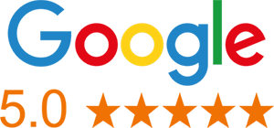 Graphic that Says Google with rainbow letter and 5.0 with five orange stars
